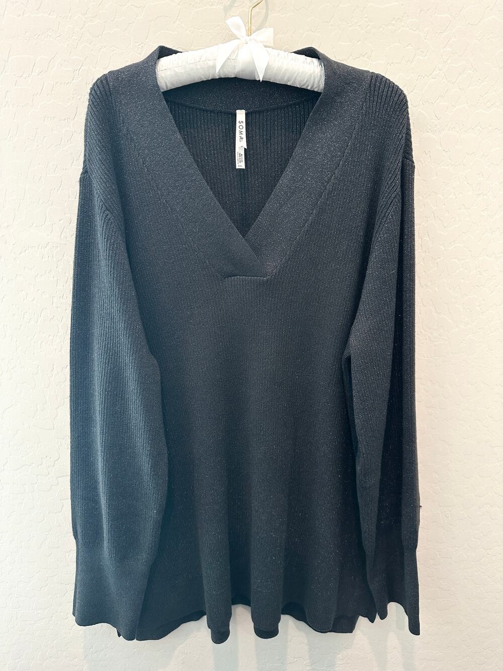 SOMA Lurex V Neck Sweater Gray Shimmer Ribbed Knit Metallic Sparkle | XXL